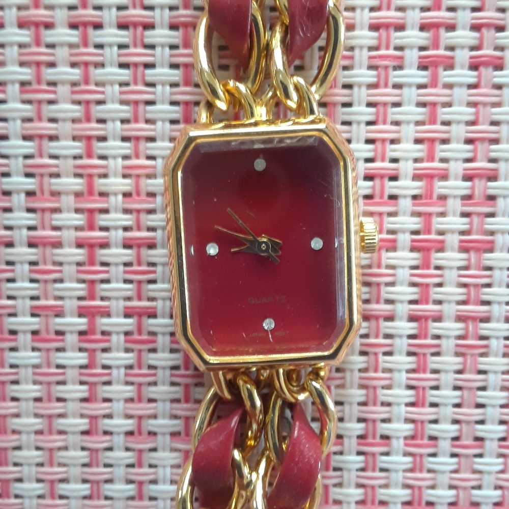 Tempus Trading Women's 7 1/2" Gold Plated Watch w/Red Leather Strap